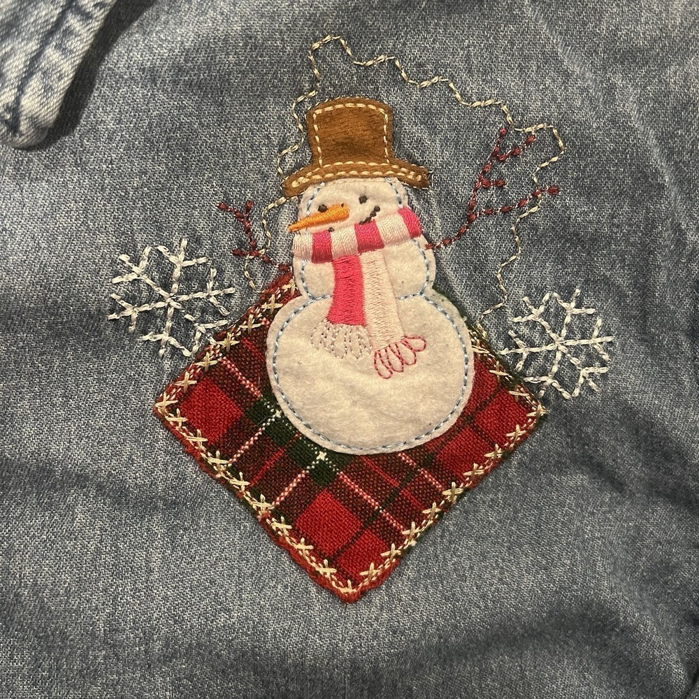 90s Denim Button Up Christmas Shirt Snowman Embroidered Holiday Top Womens XL - Picture 2 of 10